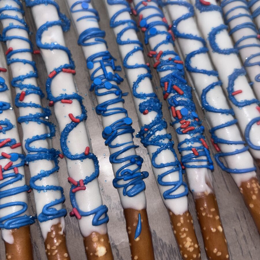 Blue drizzle pretzel rods